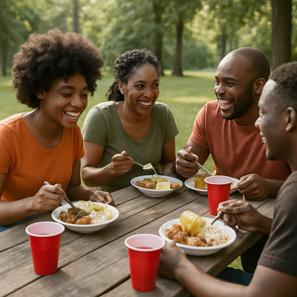 Black people eating at a picnic table