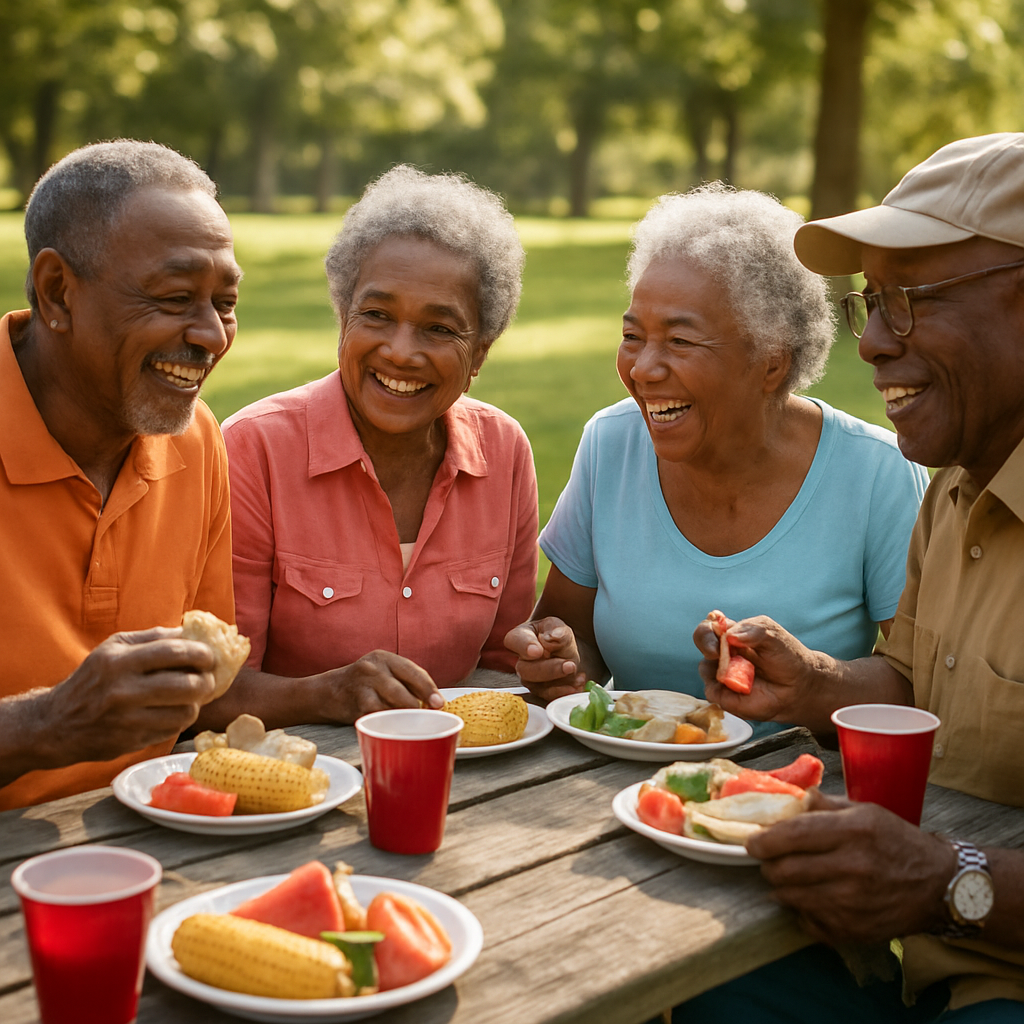 a group of black senior citizens eating around a picnic table-1