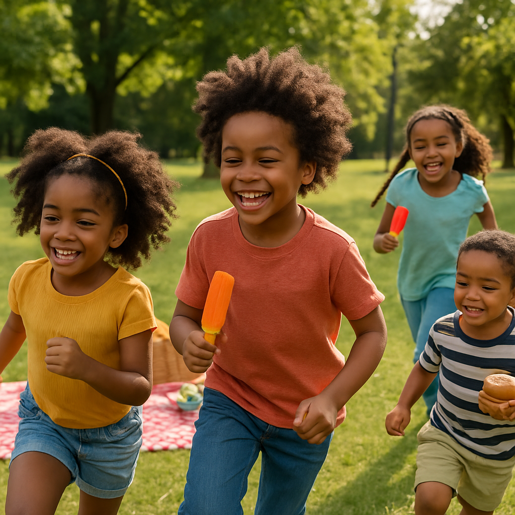 young black children running around playing at a picnic some of the kids have food and popcisles