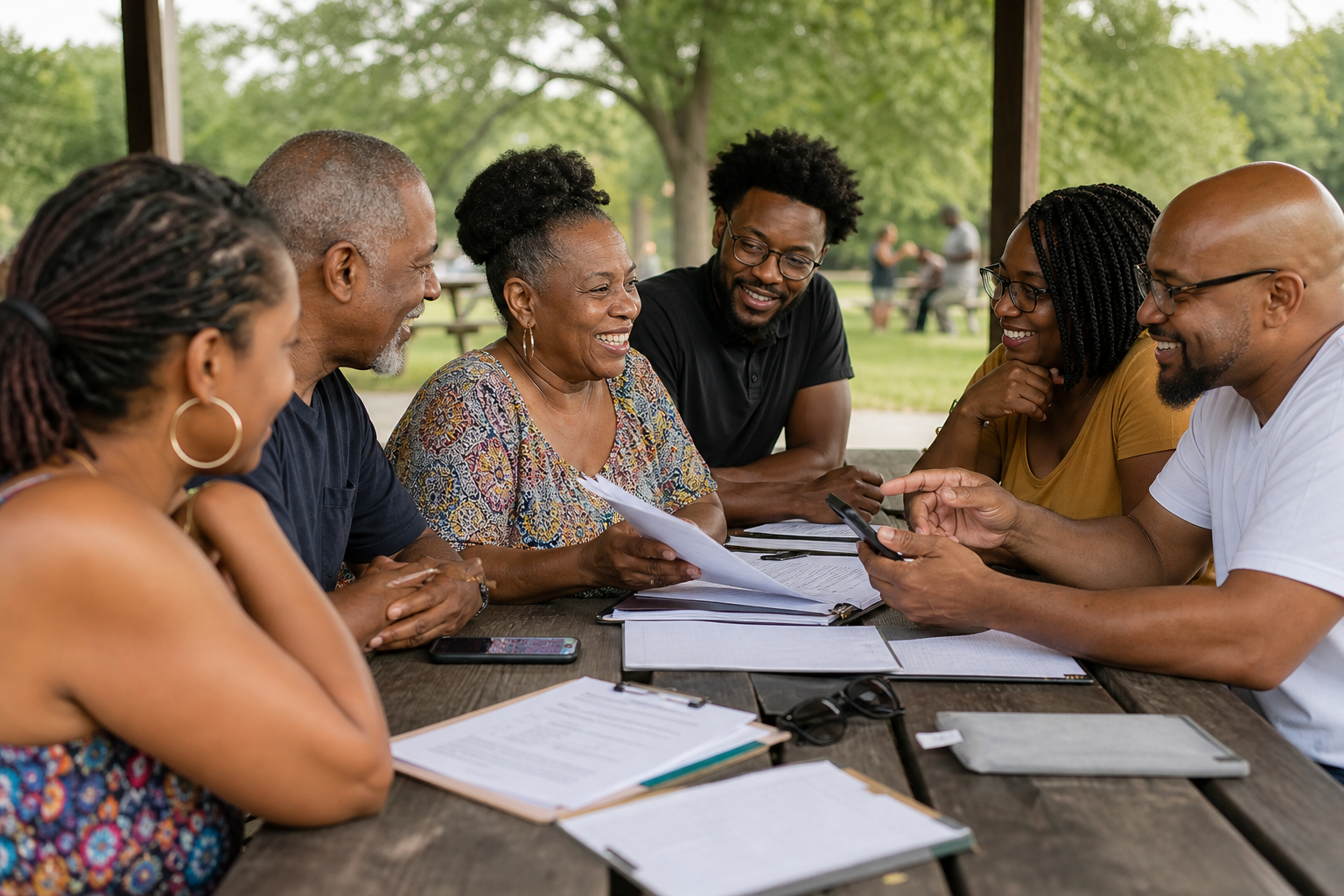 Black Family Reunion Committee Meeting Under Pavilion
