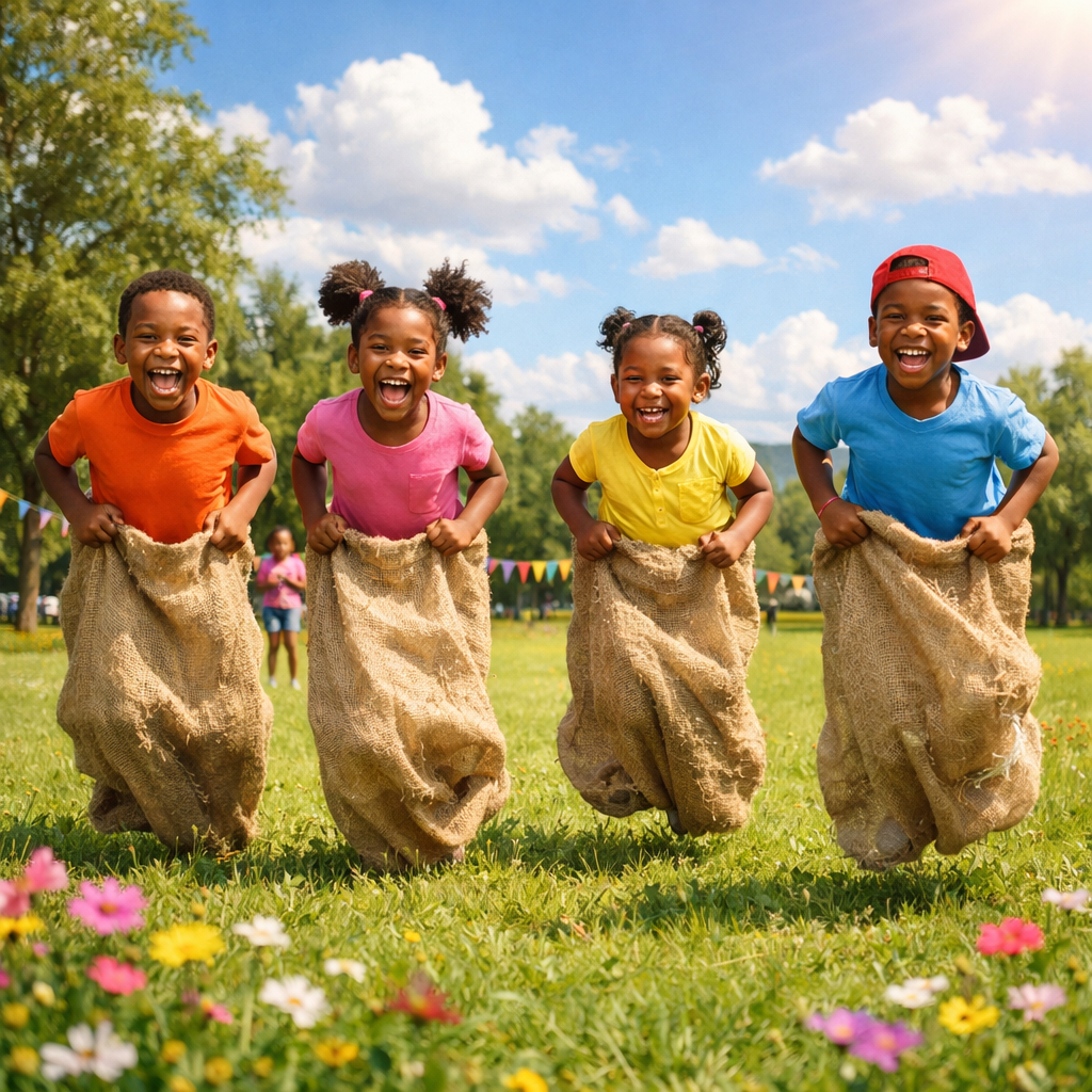 In a vibrant park filled with lush green grass and blooming flowers a lively group of young Black children bursts with energy as they compete in a joy-1