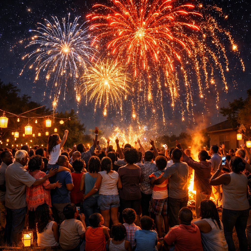 Under a starlit night sky a black family of about 50 people gathers in an backyard their faces illuminated by the vibrant bursts of fireworks overhead
