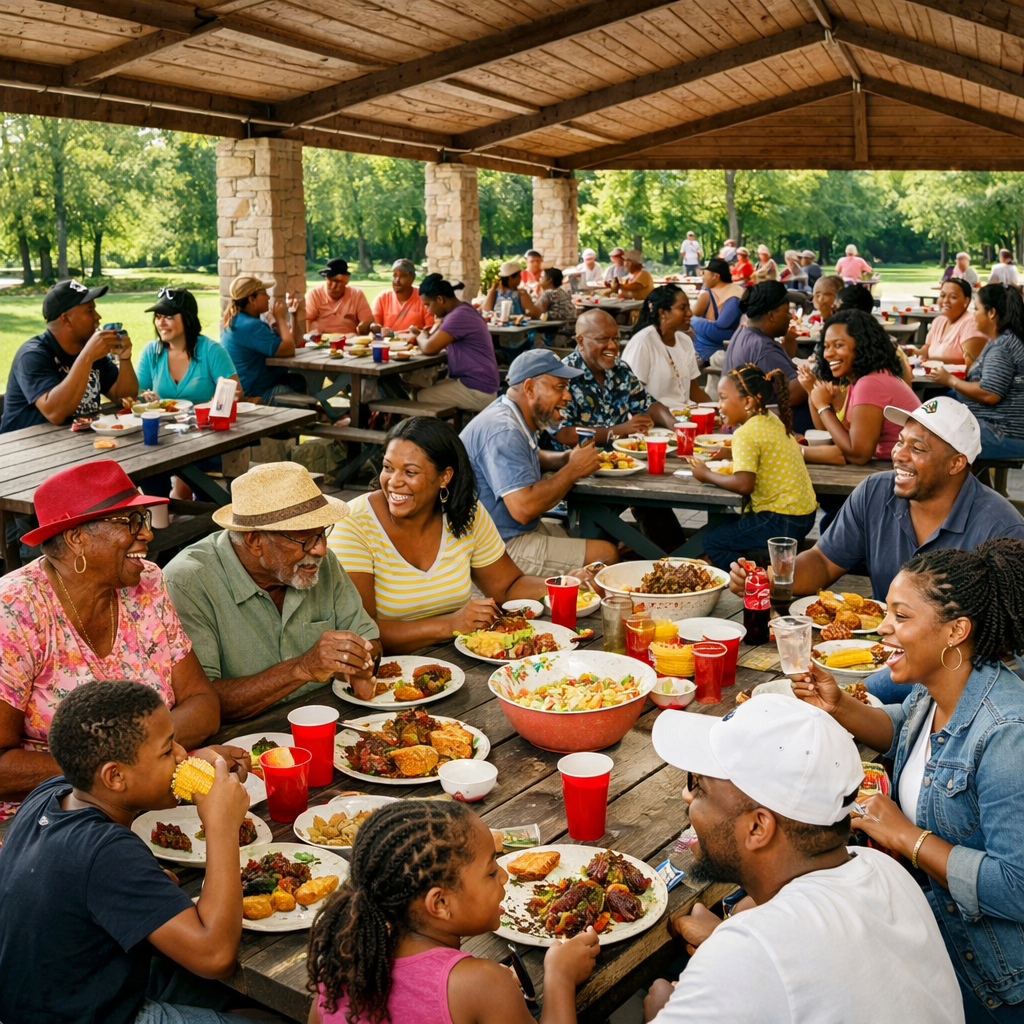 a large black family of all ages sitting under a park pavillion with 10 picnic tables each one has family and friends eating and talking and laughing-1
