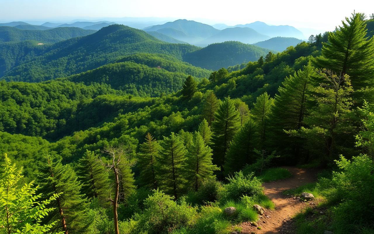 Forested hills and a winding hiking trail at Medoc Mountain State Park in Hollister, NC