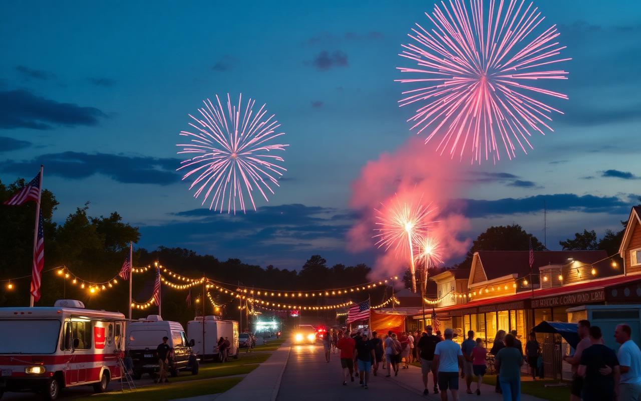 Fireworks bursting in a twilight sky over Castalia, NC with food trucks, string lights, and families celebrating the Fourth of July