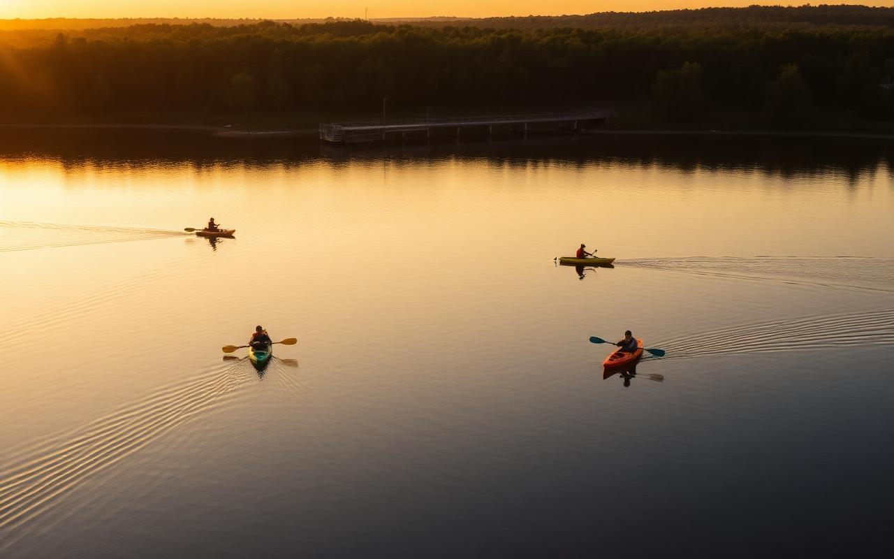 Kayakers paddling on Roanoke Rapids Lake at golden hour with a fishing pier in the background