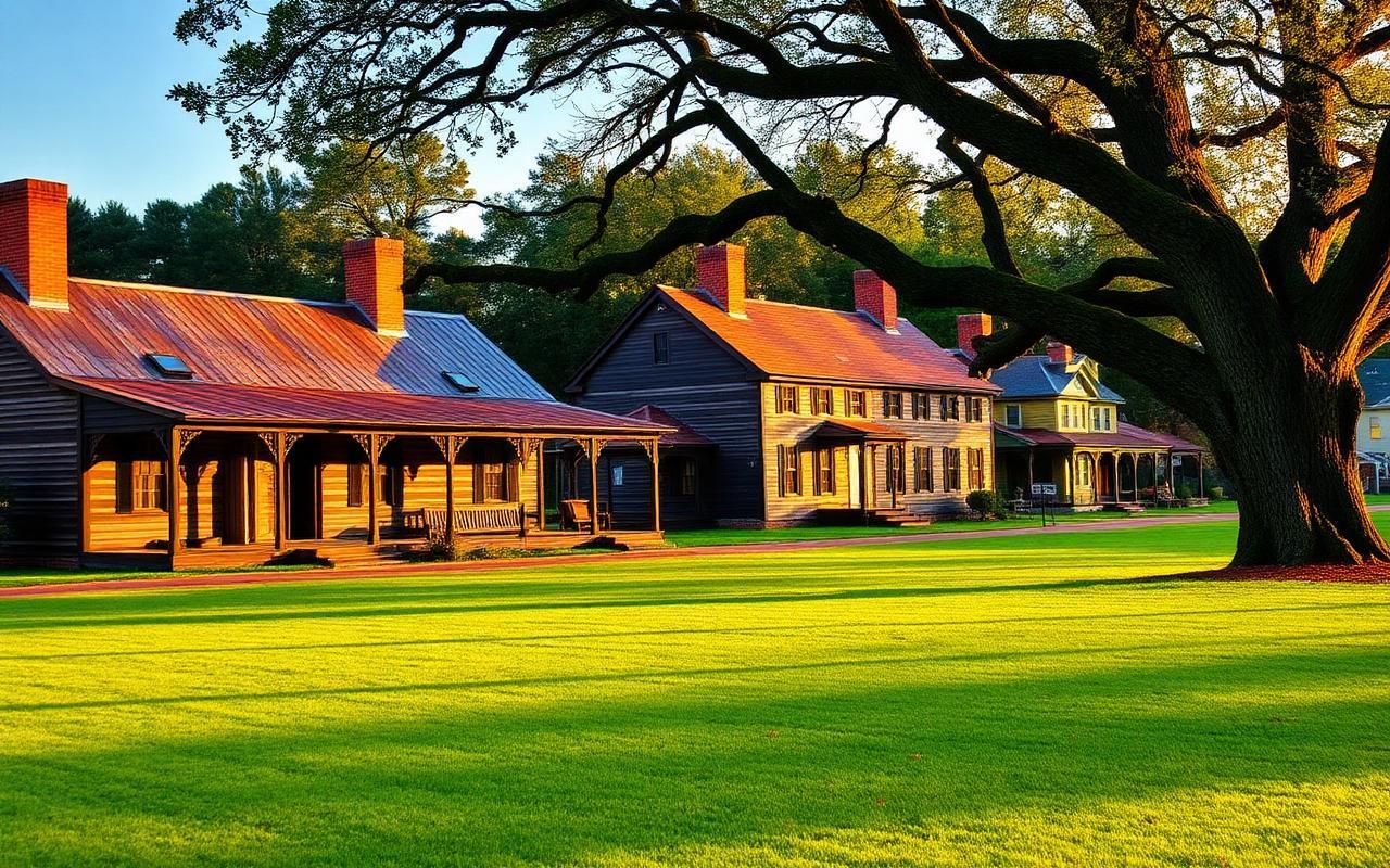 Preserved 18th-century colonial buildings at Historic Halifax in golden afternoon light